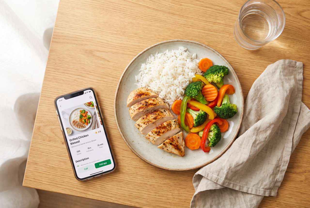 A healthy home-cooked plate of chicken, rice and vegetables next to a phone