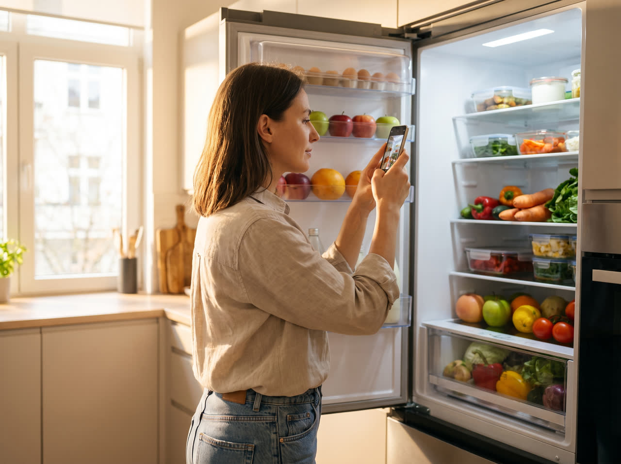 A person photographing the inside of their fridge with a phone