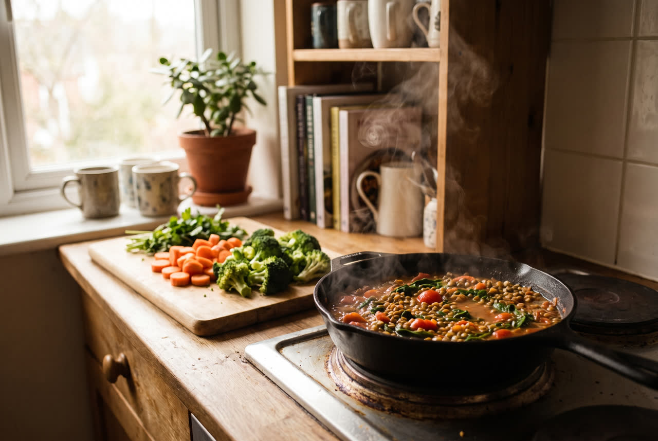 Someone cooking a simple healthy meal at home following step-by-step guidance