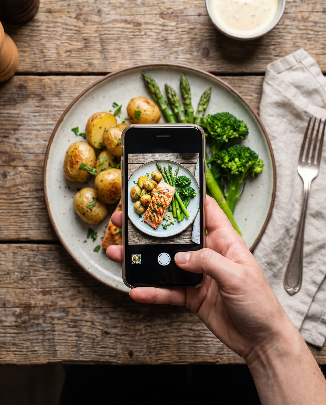 A person photographing their dinner plate of salmon, new potatoes, asparagus and broccoli