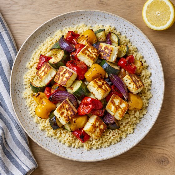 Halloumi & Roast Veg Couscous - AI-generated illustration