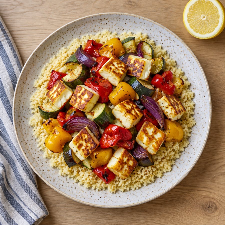 Halloumi & Roast Veg Couscous - AI-generated illustration