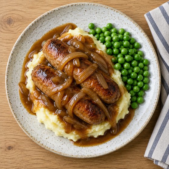 Sausage & Mash with Onion Gravy - AI-generated illustration